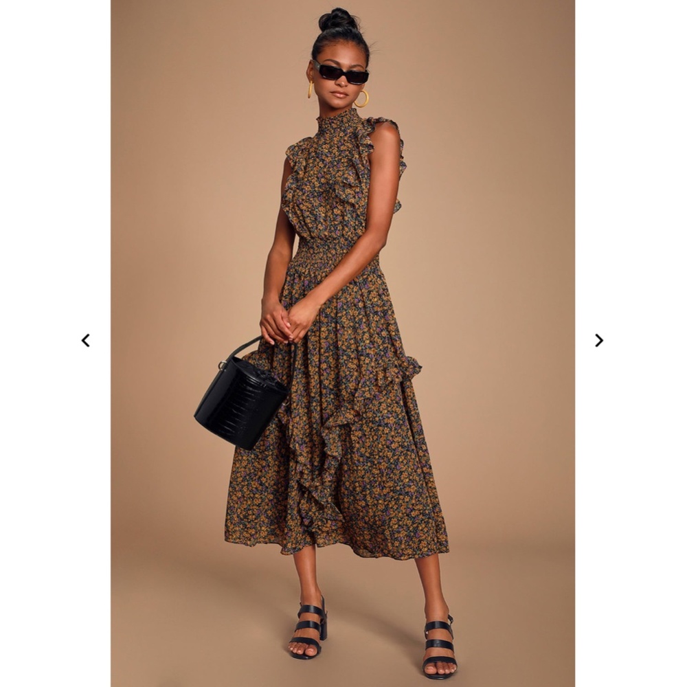 Luuls Mustard Yellow Floral Print Mock Neck Midi Dress